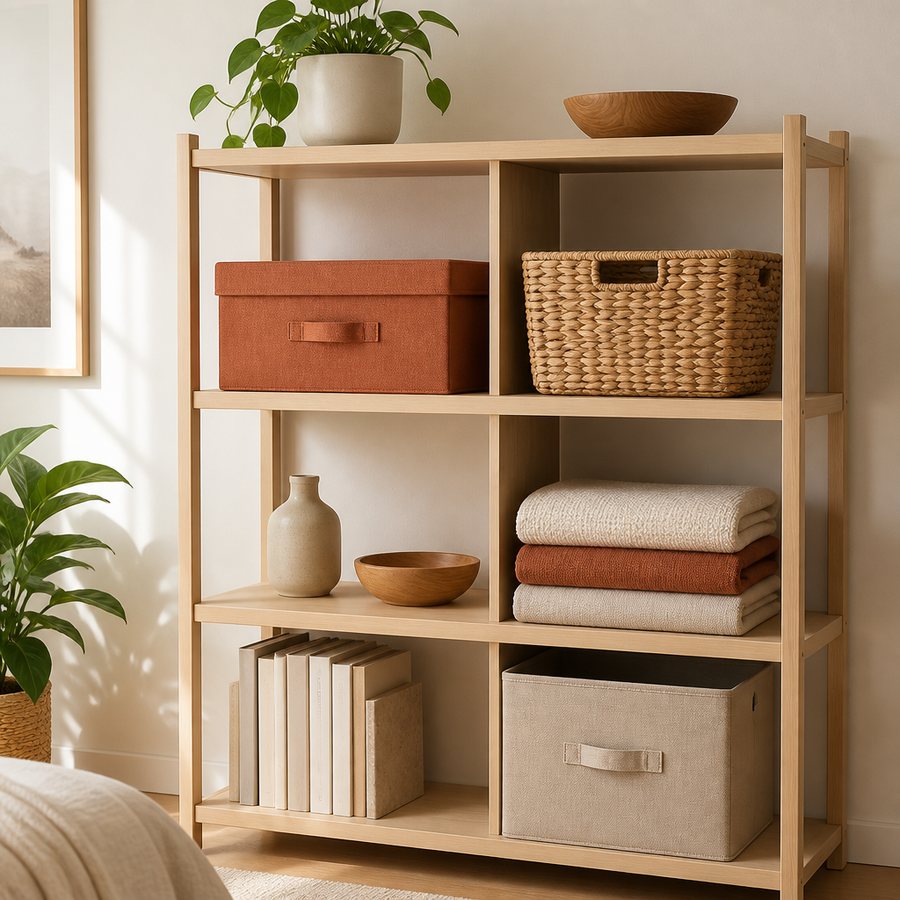 Light wooden shelving styled with fabric storage boxes, a woven basket, and folded linens